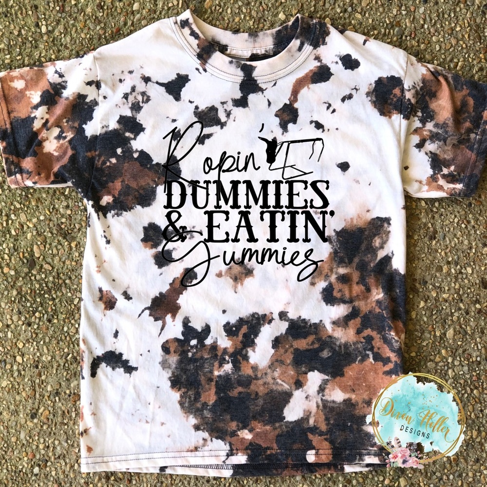 Youth Kids Boys or Girls Ropin Dummies and Eatin Gummies Western Cowhide Tee